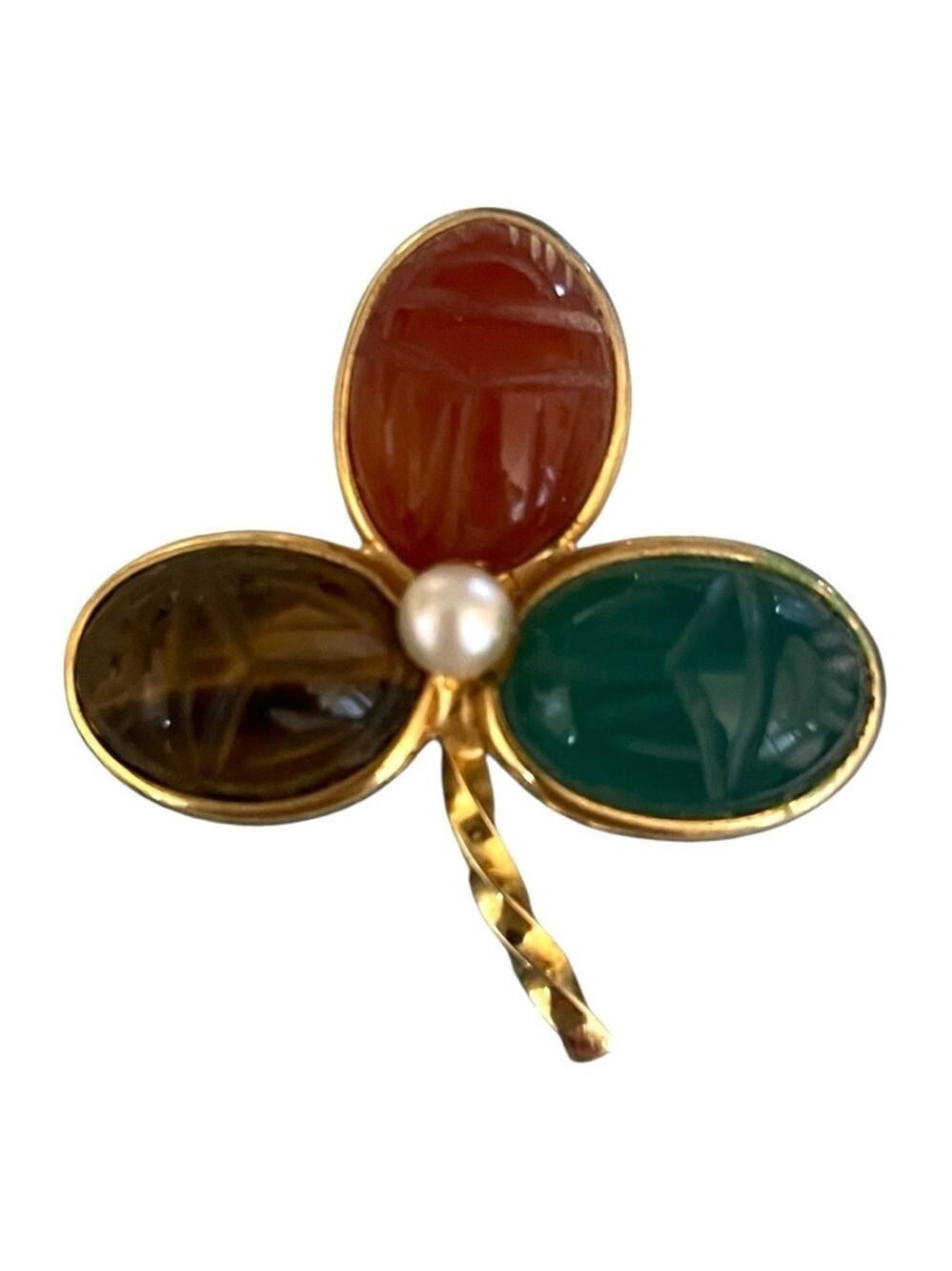 Burt Cassell Vintage 1/20 12K Gold Filled Scarab & Pearl  MCM Three-Leaf Brooch